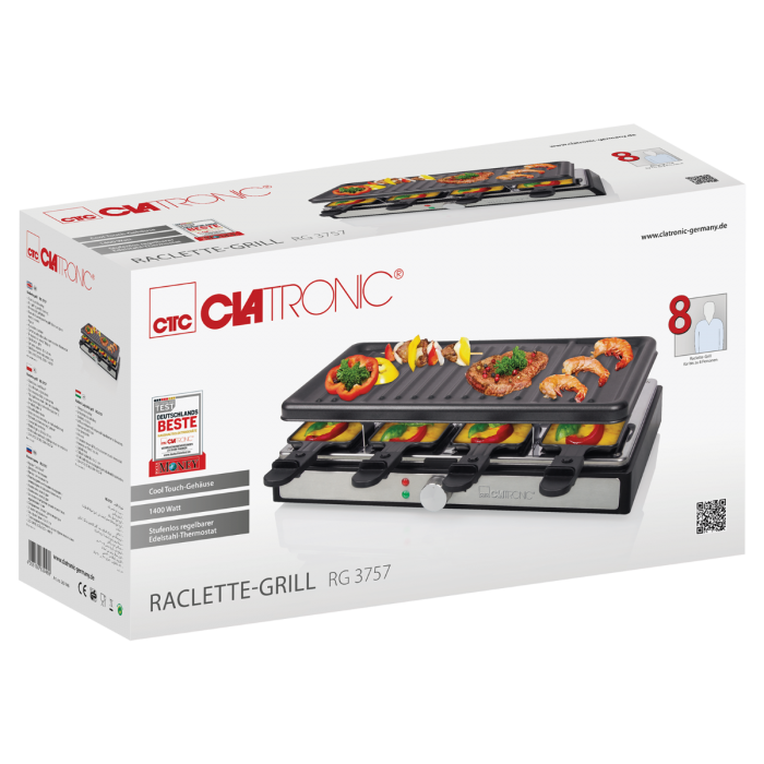 Clatronic RG 3757 Appareil à raclette 1400 W pour 8 personnes Surface de cuisson env facile à nettoyer 42 x 21 cm Plaque de cuisson et poêlons antiadhésifs Noir